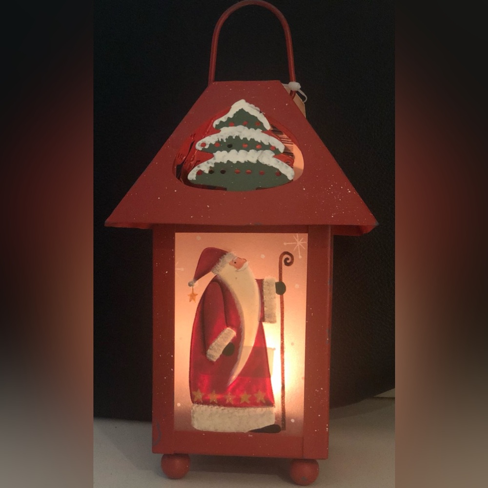 Red Metal Candle Lantern with Santa Etched & Frosted Glass Plates 4.75” x 7.5”H